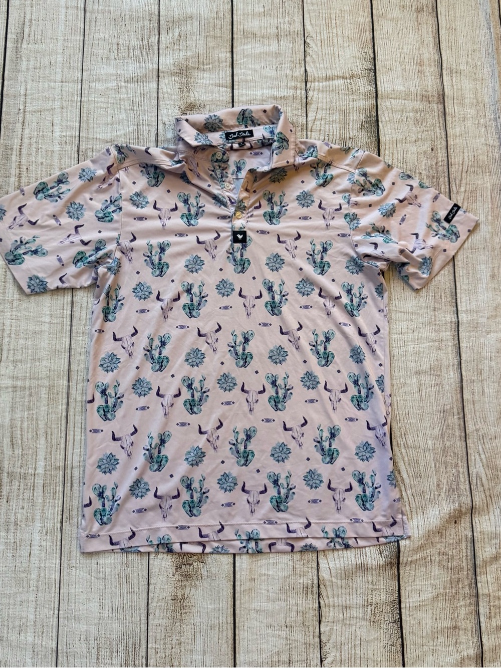 Bad Birdie Men’s Size Small Pink Blue Desert Cactus Performance Golf Polo